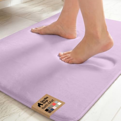 Image of GORILLA GRIP Memory Foam Bath Mat, Soft Absorbent Velvet Bathroom Mats, Durable Dots on Underside, Machine Washable Bathmat, Carpet Rug Room Decor for Shower Tub Floor RV, 24x17 Rugs, Purple