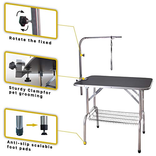 Polar Aurora Pingkay 36'' Black Heavy Duty Pet Professional Dog Show Stainless Steel Foldable Grooming Table W/Adjustable Arm & Noose & Mesh Tray #TOP3