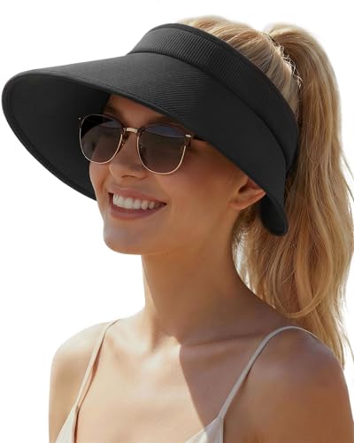 FURTALK Sun Hats for Women Sun Visor Hat UV Protection Wide Brim Summer Foldable Beach Hats Black