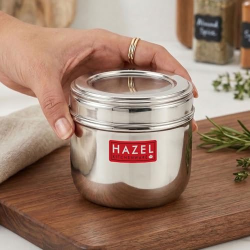Image of HAZEL Stainless Steel Transparent Lid Containers | Versatile Storage Jars with See-Through Top | Nesting Kitchen Canisters for Spices, Snacks & Grains | 500ml (Set of 2)