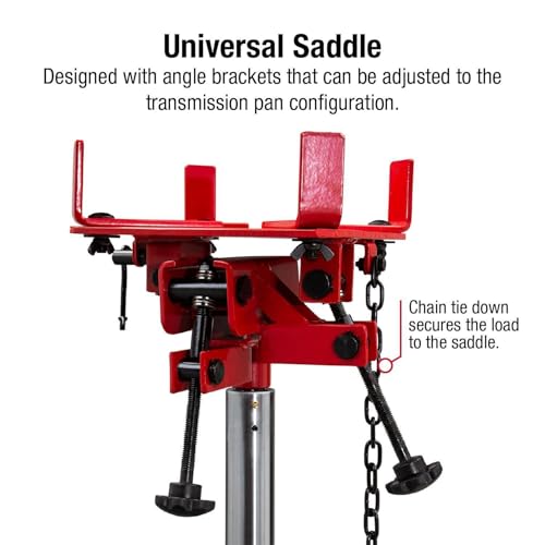 Image of Sunex Tools 7793B 1,000 lb Telescopic Transmission Jack, Hydraulic, Foot Pump Operated, Tilt Saddle with Chain Tie-Down, 74.2 in Max Height