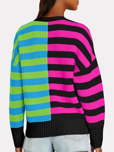 Image of Saodimallsu Womens Striped Cardigans Color Block Button V Neck Open Front Ribbed Knit Loose Trendy Sweater Coats