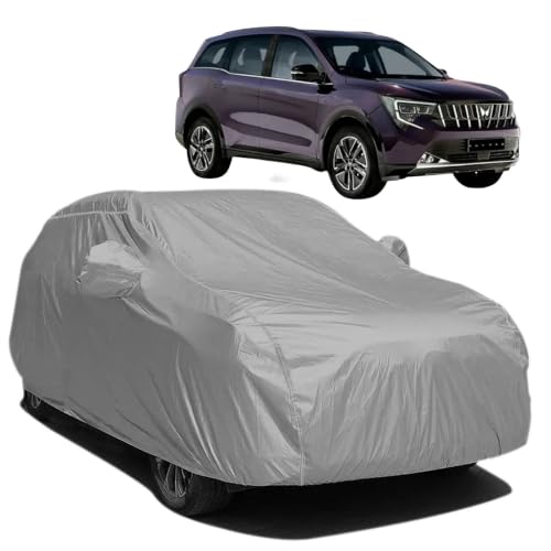 Image of BARBARIKA Waterproof Car Body Cover Compatible with Mahindra XUV 7XO | Waterproof, UV Resistant, Dustproof, Mirror Pockets, with Belt & Buckle - (Grey)