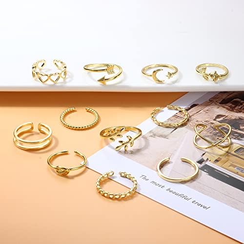 LOLIAS 12PCS Adjustable Rings for Women Open Stackable Finger Joint Thumb Ring Toe Ring Heart Flower Arrow Knot Beach Jewelry Plated Silver Gold Black Girl's Ring Set