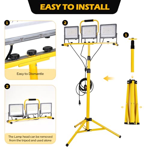30000 Lumen LED Work Lights with Stand - 3 Adjustable Head Waterproof Foldable Tripod Light, 6500K Daylight (47-68" Height) & 18FT Cord - IP66 Rated for Construction Sites, Garage, Outdoor - Image 3