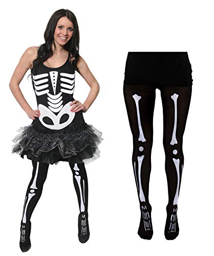 Ladies Skeleton Costume Sexy Halloween Girls Fancy Dress - Bone Print Top + Black TuTu + Black Tights with Skeleton Print (UK 12 - 14)