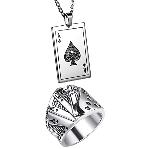 Flongo Collier Pendentif Bague Carte Poker en Acier Inoxydable Couleur Argent Noir Bijoux pour Homme Garçon