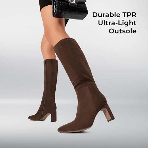 DREAM PAIRS DREAM PAIRS Knee High Boots Women Chunky Block Heel Square Toe Side Zipper Tall Boots for Women,Size 9,Brown-Suede,DWUMKB2540
