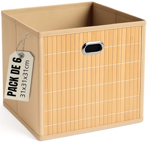 LUXYSKY est 2022 6 Cajas Almacenaje   Cestas Almacenaje   Cajas Organizadoras 31x31x31cm   Cajas Almacenaje Decorativas Hechas En Bamboo Y Tela   Cestas Organizadoras   (BEIGE, 31x31x31 cm)