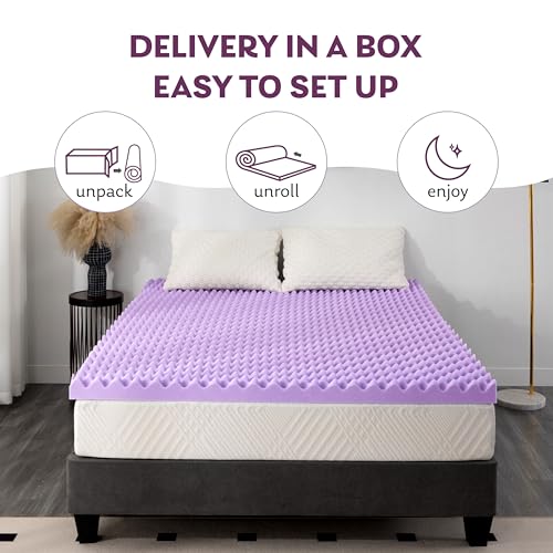 Image of MLILY 2 Inch Egg Crate Queen Memory Foam Mattress Topper | Lavender Scent Gel Infused Foam Mattress Topper for Pressure Relief, CertiPUR-US Certified Queen Bed Topper, Purple, 60 inchx80 inch