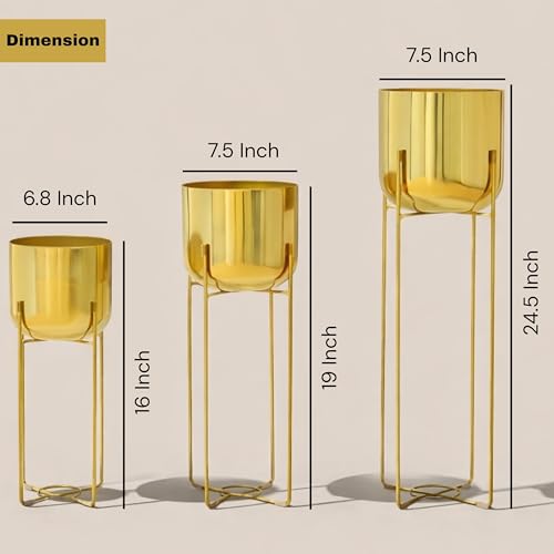 Image of Gold Metal Planters Set of 3 with Stands, 16 /19 /24.5 Inch Tall Decorative Indoor Plant Pots for Living Room, Balcony & Office