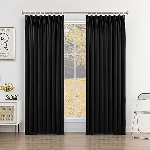 MUMFAS Black Pinch Pleat Curtain 84" W x 96" L Solid Thermal Insulated 95% Blackout Extra Wide Patio Door Curtain Panel Drape for Traverse Rod and Track with Tieback, (One Panel) Cover