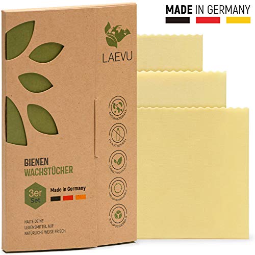 LAEVU - 3er Set - Bienenwachstücher Made in Germany - ohne Farbstoffe - Premium Bienenwachstuch als Alternative für Alu- und Frischhaltefolien - langlebige Beeswax Food wrap