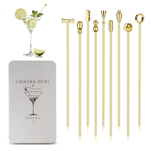 Metal Martini Cocktail Picks Gold, Skewers for Olive 4.2 in to 4.38 in, Stainless Steel Drinks Garnish Sticks, Reusable Toothpicks for Appetizers, Gift for Mother, Home Bar Accessories - 9 Pcs