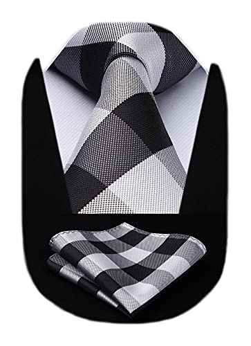 Hisdern Blcak White Ties For Men Grey Plaid Tie And Pocket Square Set Formal Mens Ties Handkerchiefs Gingham Checkered Silk Necktie For Tuxedo Wedding #TOP10