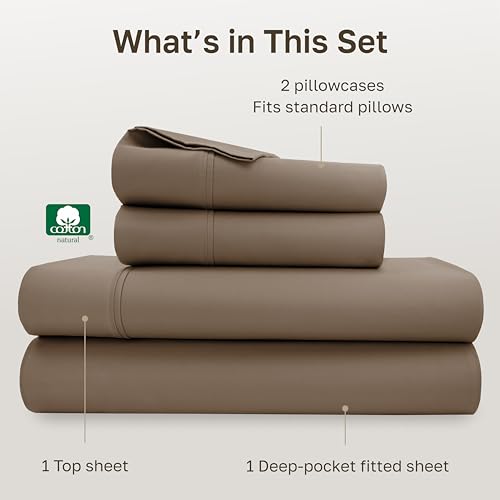 Image of Natural 100% Cotton Bed Sheets Full Size Set - Soft 400 Thread Count Sateen Sheet Sets Full Size Bed, Deep Pockets with All Around Elastic for a Snug Fit, Durable Bedding - Mocha