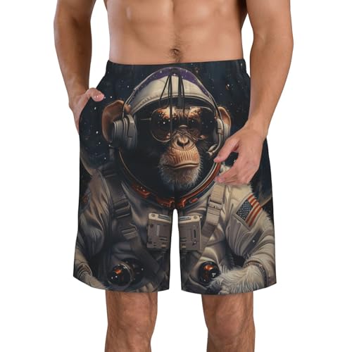Men's Quick Dry Swim Shorts Monkey Astronaut Stars Fantasy Galaxy Style Beach Trunks with Pockets