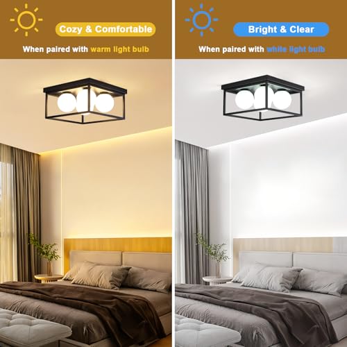 Image of Flush Mount Ceiling Light, 12.6 inch Close to Ceiling Light Fixtures with Globe Glass Shade, 4-Light Black Ceiling Light Fixture for Bedroom Kitchen Hallway Living Room Dining Room Entryway
