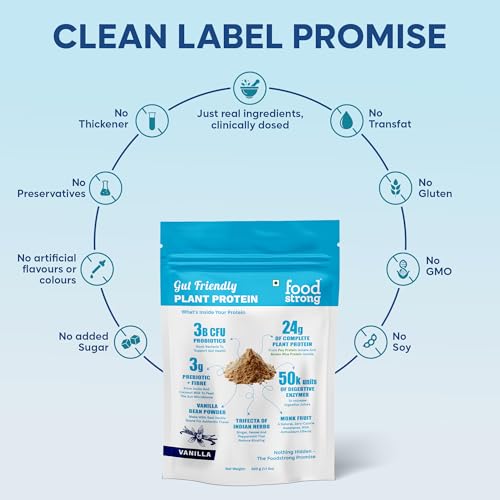 Image of Foodstrong Gut Friendly Plant Protein - Vanilla | 24g Complete Plant Protein with Probiotics, Digestive Enzymes, Prebiotics & Indian Herbs | Vegan | No Sugar | 500g