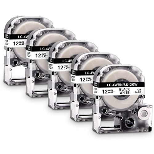 5x Labelwell 12mm x 8m Compatible Cintas de Etiqueta Reemplazo para LC-4WBN9 SS12KW Negro sobre Blanco para LabelWorks LW-300L LW-400 LW-600P LW-500 LM-700 LW900P LW300 LW700 Etiquetadora