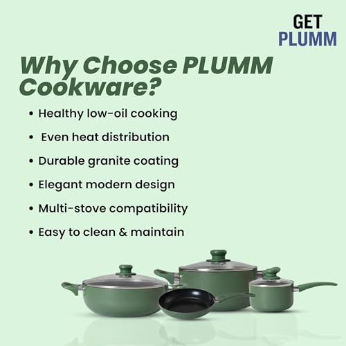 Image of Get Plumm Non-Stick Ceramic Cookware Set | Cooking Pot, Kadhai, Fry Pan & Sauce Pan | 20-20-20-16cm | Induction & Gas Compatible | Emerald Green
