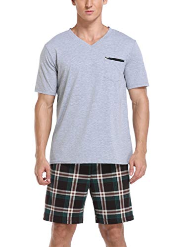 Vlazom Men's Pajama Sets Soft 2 Piece Pj's Set Short Sleeve Cotton Top and Plaid Pants for Loungewear Sleepwear with Pockets2