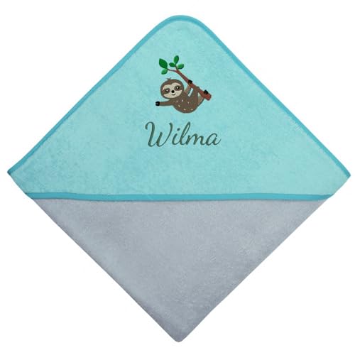 Wolimbo Kapuzenbadetuch - grau-türkis - 140x140cm - personalisierbar - Badehandtuch - weiches Babyhandtuch - Geschenk zur Taufe, Geburt…