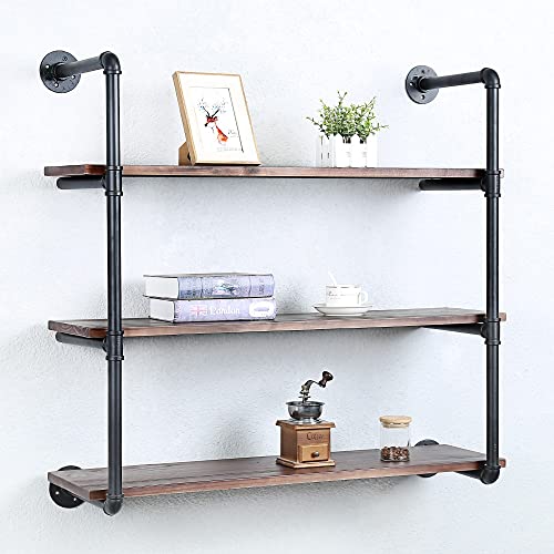 Industrial Pipe Shelving Wall Mounted,36In Rustic Metal Floating Shelves,Steampunk Real Wood Book Shelves,Wall Shelf Unit Bookshelf Hanging Wall Shelves,Farmhouse Kitchen Bar Shelving(3 Tier) #TOP4