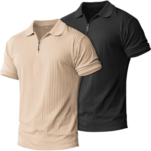 Zipper Muscle Polo Shirts Men Slim Fit Ribbed Knit Golf