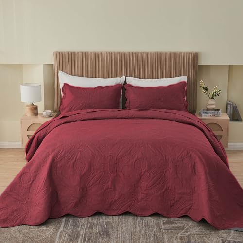 Image of Kingnex Oversized King Bedspreads 128x120 for Extra Wide Tall King or Cal King Bed Ultrasonic Quilted Coverlet Set 3 Piece Include 1 Quilt 2 Pillowcases Burgundy