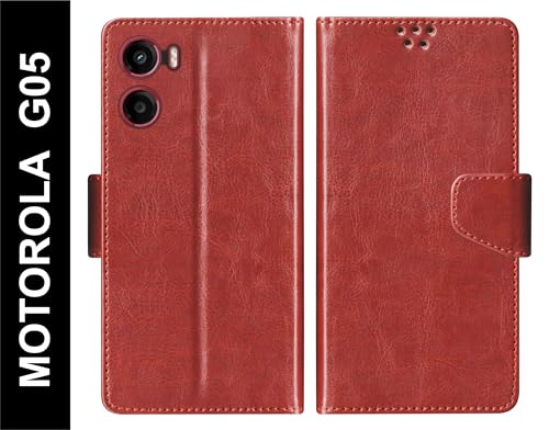 Image of SBMS Flip Cover for Motorola Moto G05 Back Cover Case with Magnatic Closure | Inbuilt Stand | Card & Money Pocket (Brown)