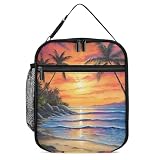 HTSAHKV Tropical Sunset Ocean Beach Palm Tree Lunch Bag Lunch Box Portable Cooler Insulated Zipper External Net Pocket for Travel Office 10.8 L X 4.3 W X 7.9 H Inches
