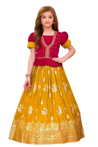 Image of White Button Girls' Ethnic Peplum Top and Jacquard Langa Voni type Lehenga Choli Set- Traditional Outfit