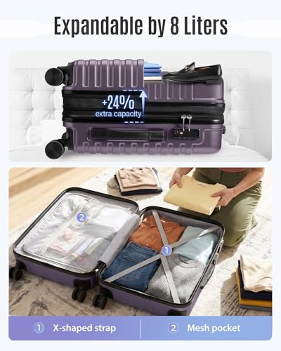 Image of LIGHT FLIGHT Expandable Carry On Luggage 22x14x9 Airline Approved with Double Spinner Wheels, 20 Inch Lightweight Hard Shell Rolling Suitcases with TSA Lock, Purple