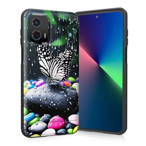 wiaekosef for Moto G Power 5G 2024 Case,Slim Thin Silicone Soft Flexible TPU Brushed Black Anti-Scratch Shockproof Protective Cover for Motorola Moto G Power 5G 2024,Pebbles and Butterfly