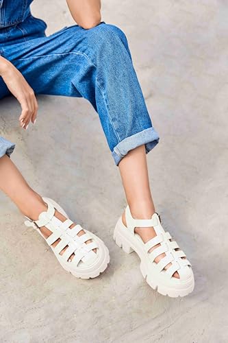 Coutgo Womens Fisherman Platform Sandals Chunky Lug Sole Heels Gladiator Ankle Strap Summer Y2K Shoes, White, size 9