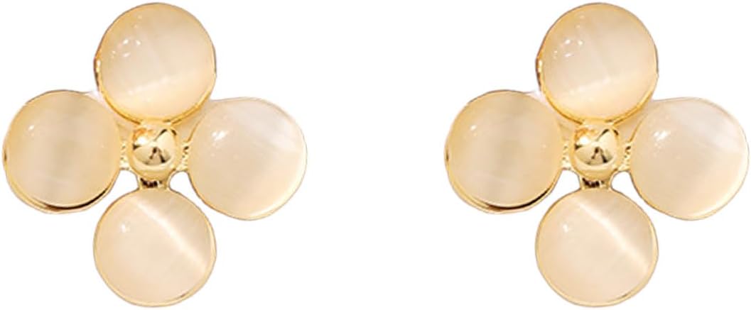 Cute Clover Leaf Stud Earrings for Women 925 Sterling Silver 14K Gold-Toned Cat Eye's Shamrock Flower Studs Opal Round 4 Leaf Petal Floral Earring Dainty Jewelry for Mother Sister