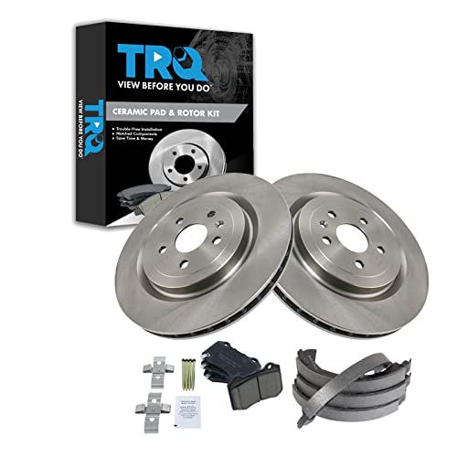 Image of TRQ Rear Brake Pad and Rotor Set Ceramic Parking Brake Shoe Compatible with 2009-2015 Cadillac CTS 2010-2015 Chevrolet Camaro