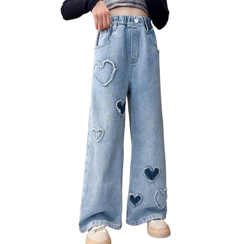 Rolanko Vaqueros Baggy para Niñas, Cintura Alta Elástica Pierna Ancha Pantalones de Denim Loose Bootcut para Niños 6-15 Años, Parches Corazón, 13-15 Años, 170