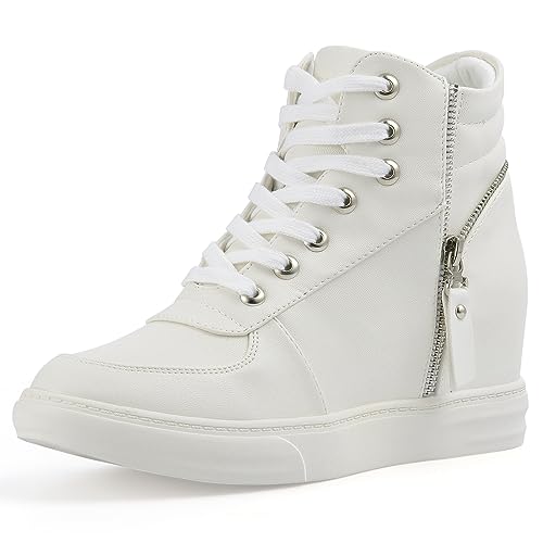 Ckrola Womens Fashion Platform Shoes Hidden Wedge Heel High Top Sneakers for Women Platform Boots Working Shoes Women Lace Up