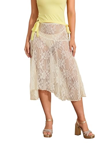 Women's Sheer Lace Skirt Flower See Through Low Rise Midi Casual Skirt for Daily Party