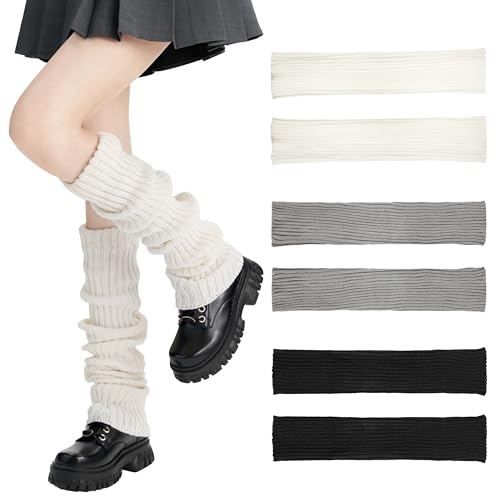 CATMEYE 3 Pares Calentadores de Pierna para Mujer, tejidos y de ganchillo, elásticos y cálidos, estilo Kawaii Streetwear 90s, para looks con botas, baile, yoga y uso diario (3 colores.)