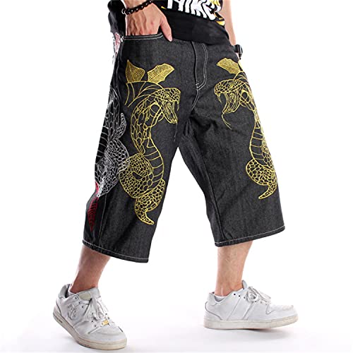 Men's Hip Hop Embroidery Baggy Long Jeans Shorts Casual Plus Size Loose Work Denim Short Fashion Skateboard Harem Jeans (Black,36) #TOP2