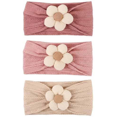Image of DRESHOW BQUBO Baby Flower Headbands Baby Girls Nylon Headbands Soft Stretchy Hairbands Handmade Hair Accessories for Newborn Infant Toddlers Kids Baby Essentials 3 Pcs