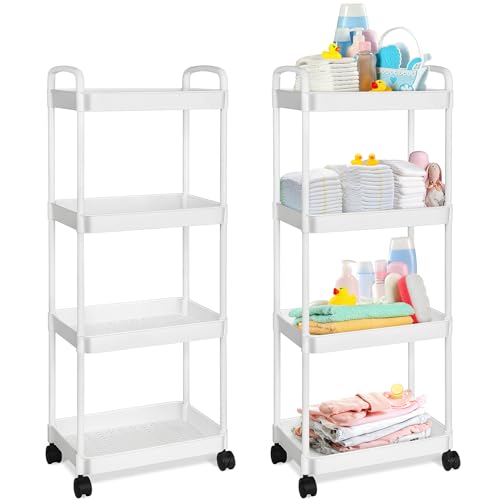 Image of Barydat Baby Diaper Cart 4-Tier Movable Diaper Caddy Organizer Rolling Plastic with Wheels White Essentials Baby Storage Organizer for Hanging Table Crib Bedroom Bathroom