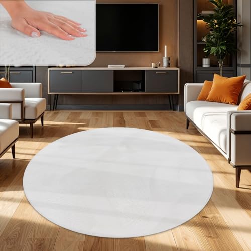 TT Home Wohnzimmer Teppich Hochflor Langflor Kunstfell Weich Modern Unifarben Flauschig, Farbe:Weiß, Größe:160 cm Rund