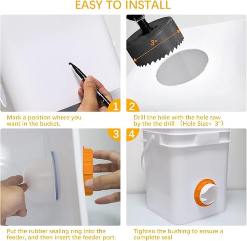 Chicken Feeder Port, 6 Pack Chicken Feeders No Waste with 6 Lids 1 Drill Bit, DIY Automatic Poultry Feeder Cups Kit, Chicken Bucket Feeder for Barrels ((Orange)