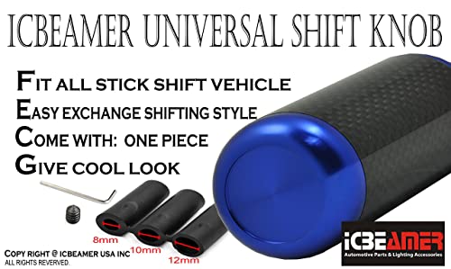 Icbeamer Blue Aluminum W/ Carbon Fiber 3.25" Shift Knob, Tall Fit Automatic And 4, 5 And 6 Speed Manual Transmission Vehicles, Interior Car Gear Lever Stick Shift Handle Automotive Replacement Parts #TOP2