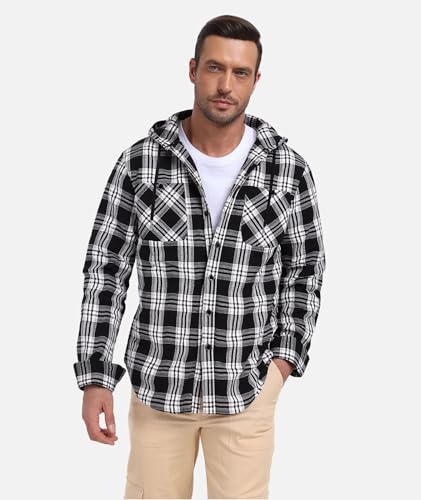 Mens Hooded Flannel Shirts Long Sleeve Hoodie Shirt for Men Casual Plaid Button Down Jacket Shirts with Pocket Black Grey — view 2