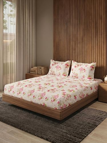 Image of DDECOR Live Beautiful 100% Compact Combed Cotton Floral King Flat Bedsheet with 2 Pillow Covers | Rotary Print 145TC | Perfect for Everyday Bedroom Use | Cresta Collection | 2.24 x 2.54 M|Pink Yarrow